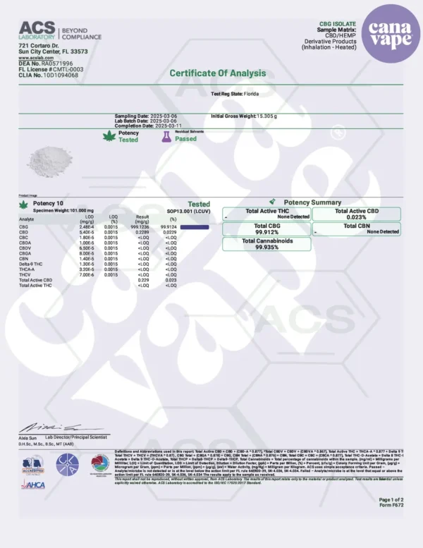 Isolato di CBG puro COA Canavape UK CBG 10 grammi